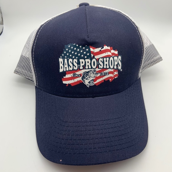 Bass Pro Shop American Flag Fishing Meshback Snapback in Navy/White - Picture 10 of 15
